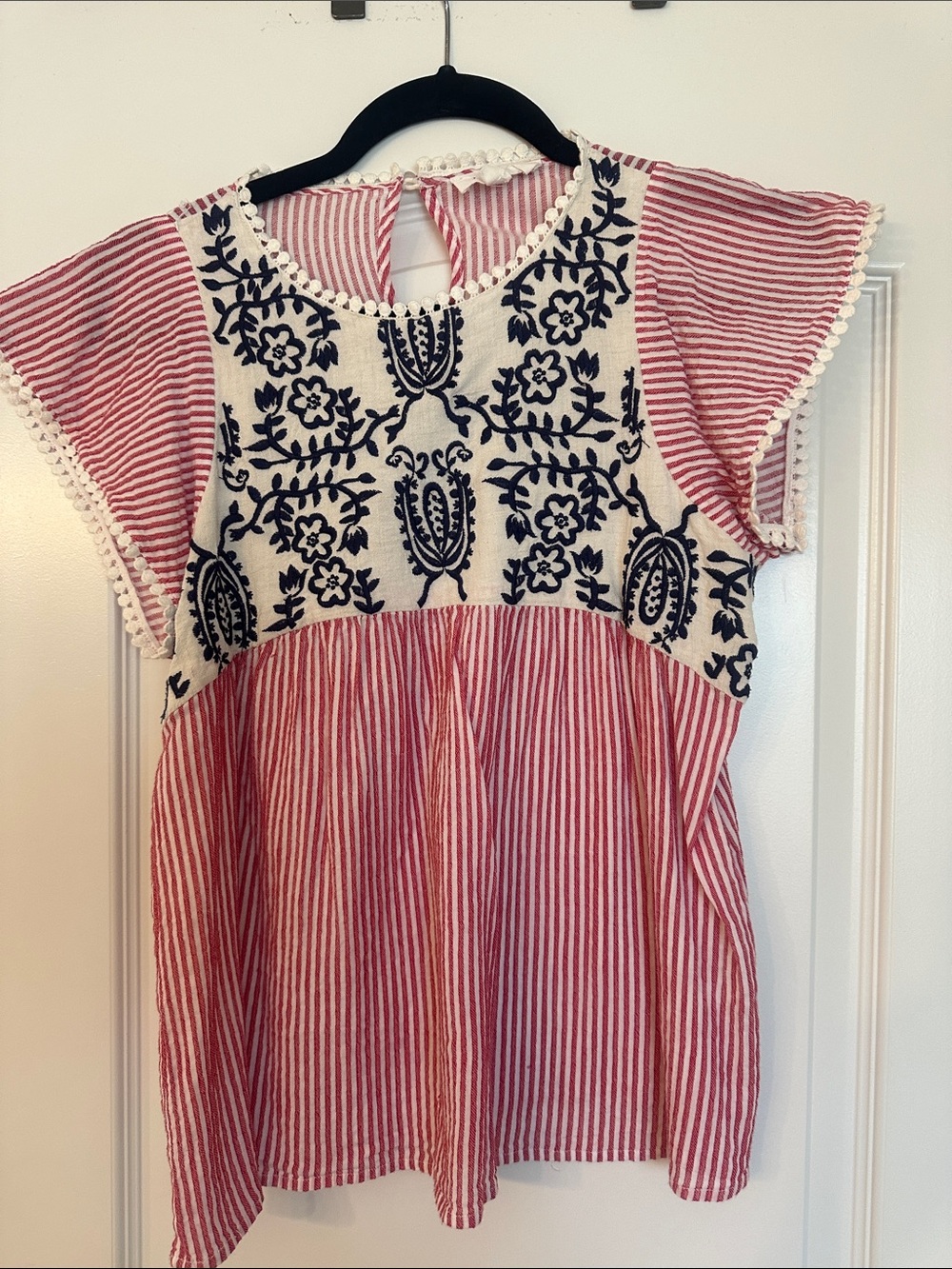 THML Red and Navy Embroidered Striped Peasant Blouse